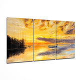 Triptyque Coucher de Soleil Lac Bateaux tableau en verre - 140x72 cm