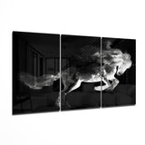 Caballo de Humo Negro Tríptico cuadro de cristal - 140x72 cm