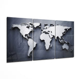 Carte du Monde 3D Argent Métallique tableau en verre - 140x72 cm