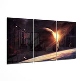 Sonnenaufgang hinter Ringplanet Triptychon Glasbild - 140x72 cm