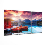 Dämmerung Alpensee Boote Glasbild - 140x72 cm