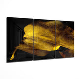 Goldener Blütenblatt-Wirbel auf Schwarz Abstraktes Glasbild - 140x72 cm