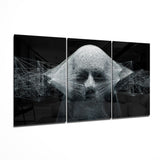 Weißes Fadenkunst-Gesicht auf Schwarz Glasbild - 140x72 cm