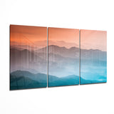Orange und Petrol Geschichtete Nebelhügel Glasbild - 140x72 cm