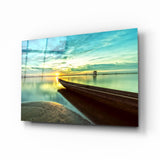 Arte de pared de vidrio de Kayak en la playa y puesta de sol