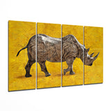 Laufendes Nashorn auf Goldgelb 4-teilig Mega-Glasbild
