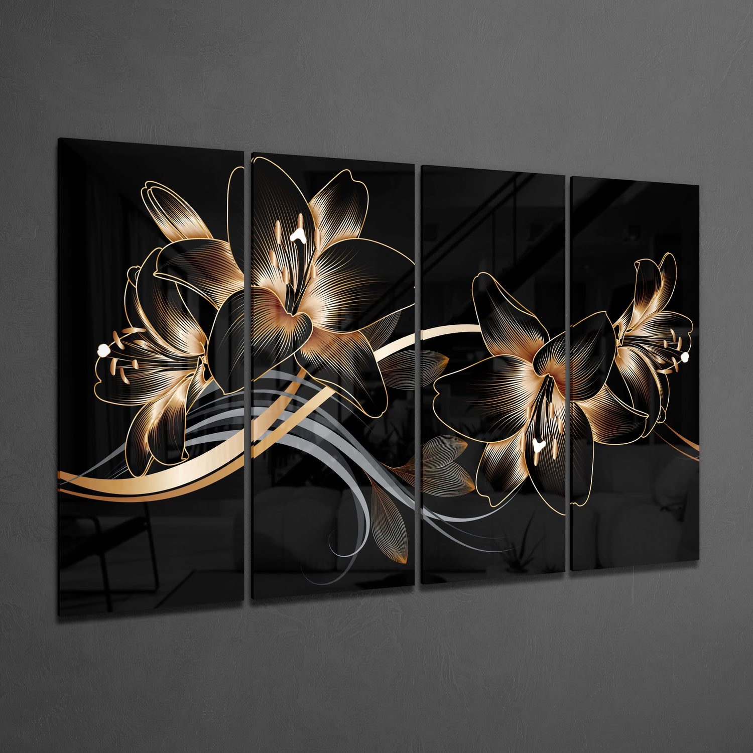 Flower Wave 4 Pieces Mega Glass Wall Art (150x92 cm)
