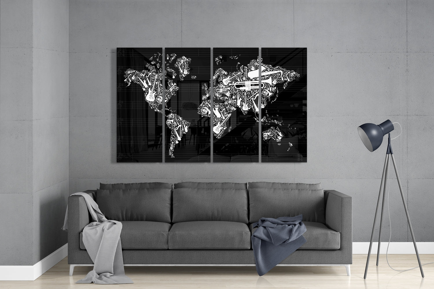 World Map 4 Pieces Mega Glass Wall Art (150x92 cm)