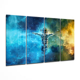 Astronaute Bras Ouverts dans une Nébuleuse Bleu et Or 4 pièces Mega tableau en verre