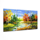 Herbstliche Flusslandschaft in Spachteltechnik Glasbild - 140x72 cm